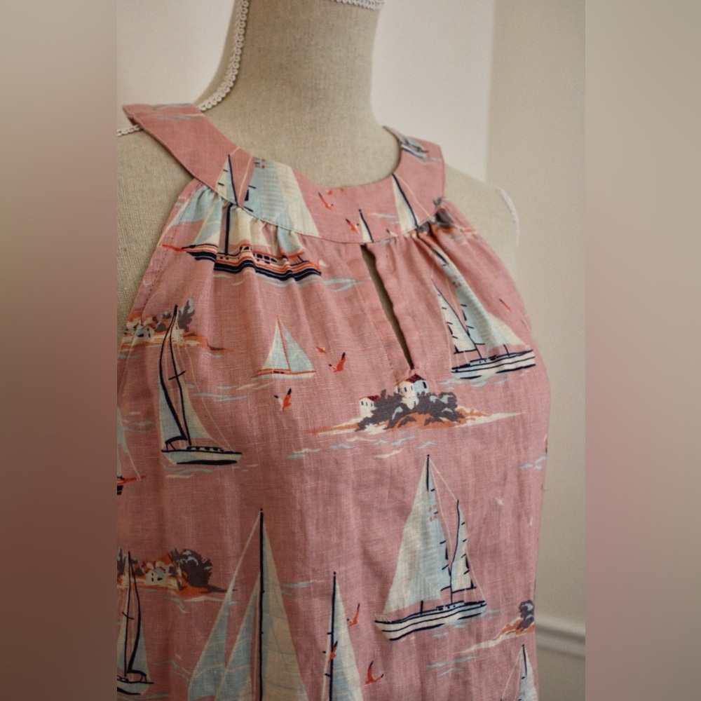 St. Tropez 100% Linen Pink White Sailboat Print Sleeveless Dress XS